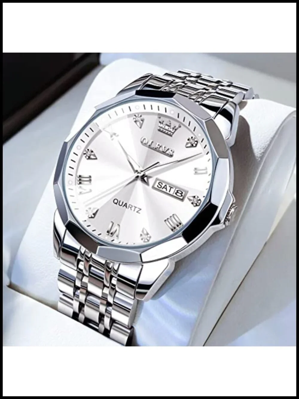 Men's Diamond Roman Numeral Dress Watch Stainless Steel Waterproof Luminous